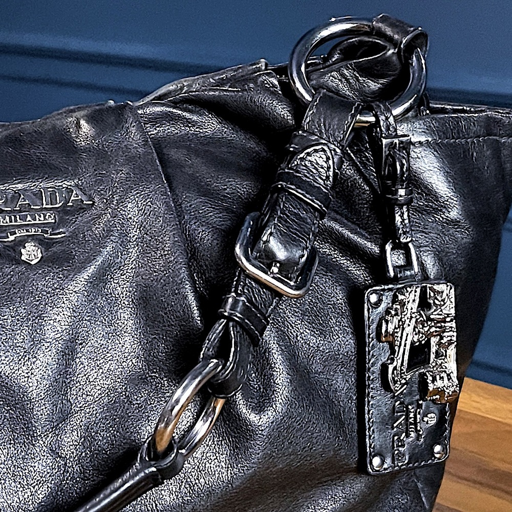 PRADA Black Calfskin Leather Zip Top Hobo Vitello Daino Medium Bag Silver Metal